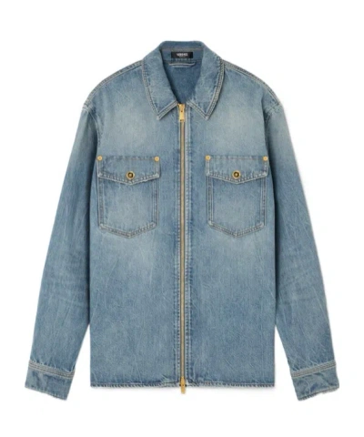 Versace Denim Zip Overshirt In Blue