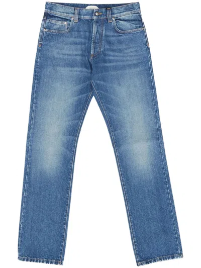 Versace Designer Denim Jeans With Leather Detail In Blue