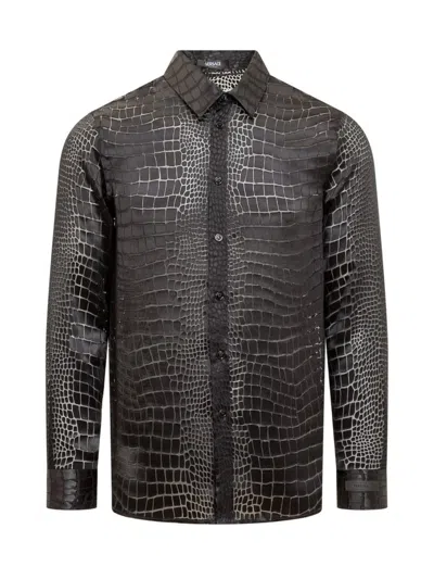 Versace Crocodile-effect Devoré Shirt In Black