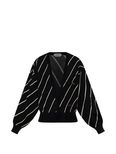 Versace Diagonal-stripe Embroidered-logo Cardigan In Black
