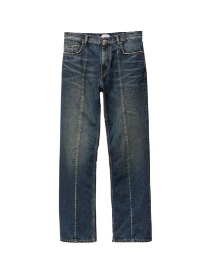 Versace Distressed Cotton Jeans With Medusa Accent In Blue