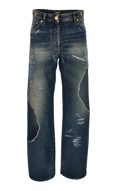 Versace Distressed Denim Wide-leg Jeans In Medium Wash