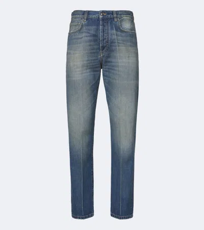 Versace Distressed Straight Jeans In Blue