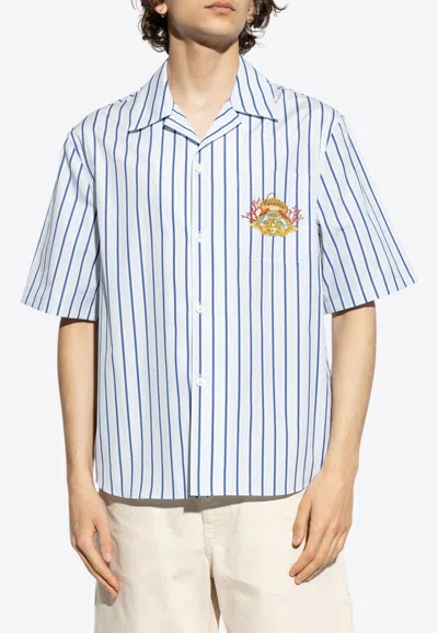 Versace Dive In Crest Short-sleeved Stripe Shirt In Blue