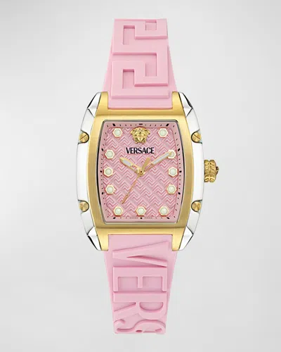 VERSACE DOMINUS IP YELLOW GOLD SILICONE STRAP WATCH, 44.8MM X 36MM PINK