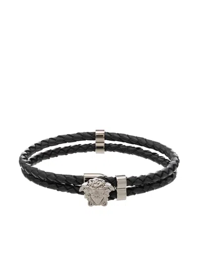 Versace Double Braided Leather Strap With Medusa Elements In Black
