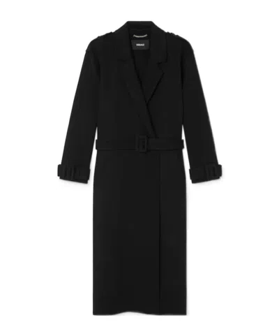 Versace Double Breasted Belted Coat In Black