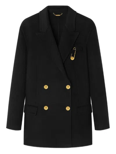 Versace Double-breasted Black Coat With Gold-tone Accents