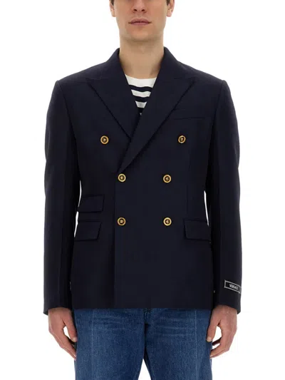 Versace Double-breasted Black Virgin Wool Jacket In Blue