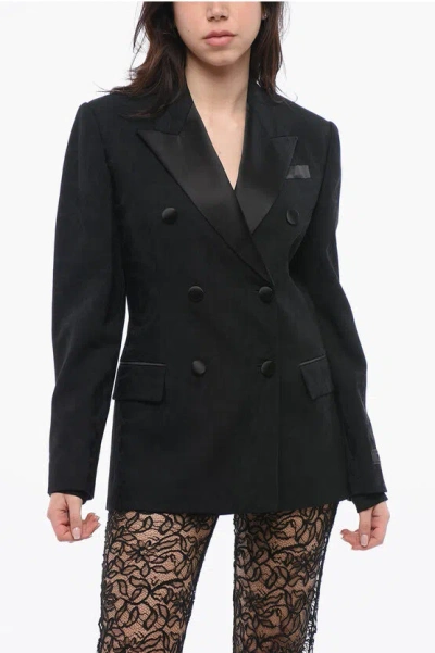 Versace Double-breasted Jacquard Virgin Wool Blazer With Satin Lapel In Black