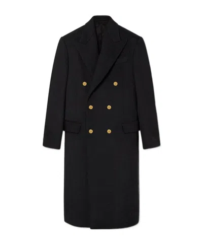 Versace Double Breasted Long Coat In Black