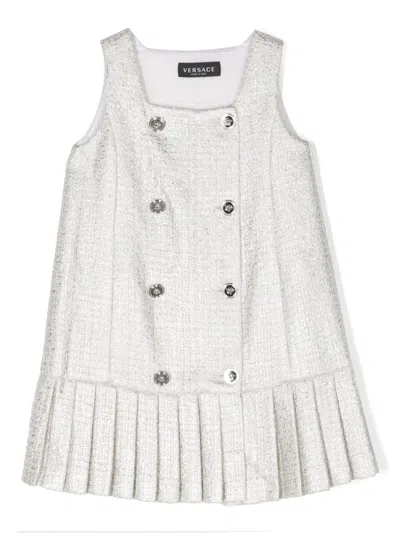 Versace Kids' Laminated Cotton Blend Tweed Dress In Silver