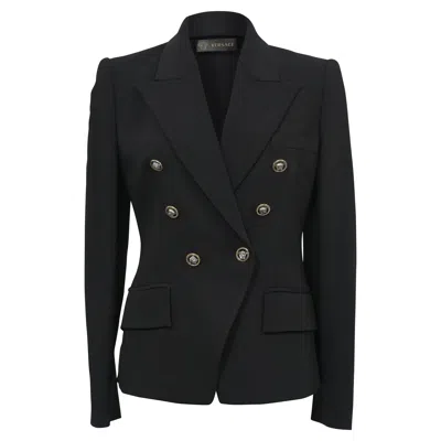 Versace Double-breasted Signature Blazer In Black Wool