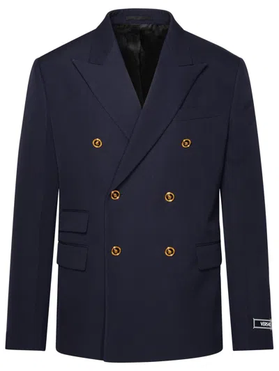 Versace Double-breasted Tailored Blazer In Blue