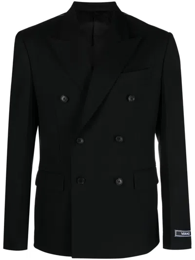 Versace Formal Wool Blazer With Logo Label In Black