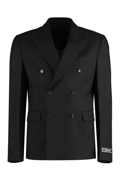 Versace Double-breasted Wool Blazer In Black