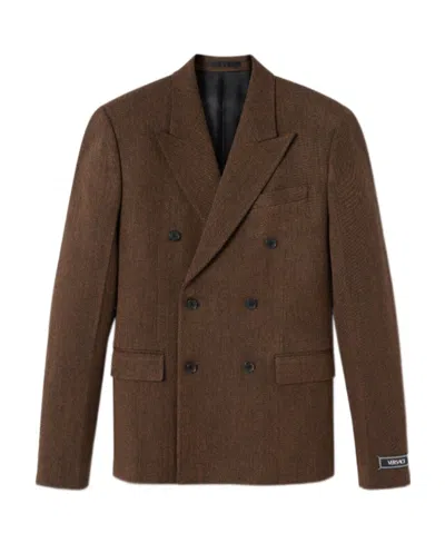 Versace Double-breasted Wool Blazer In Brown