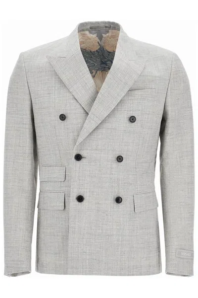 Versace Double-breasted Wool Blend Blazer Men In Gray