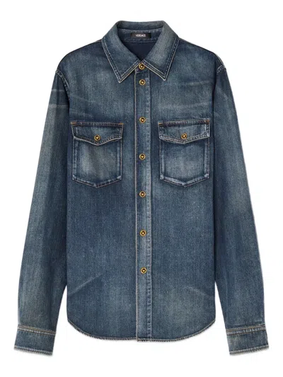 Versace Double-pocket Denim Shirt In Blue