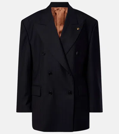 Versace Double-breasted Oversized Virgin Wool Blazer In Blue