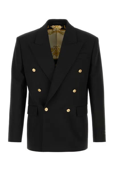 Versace Double-breasted Virgin Wool Blazer In Black