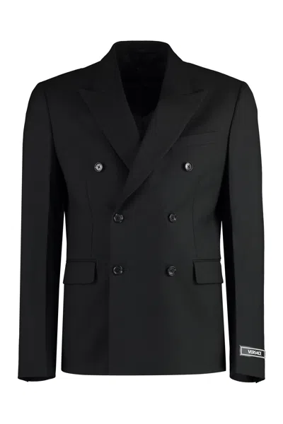 Versace Double-breasted Wool Blazer For Men In Black