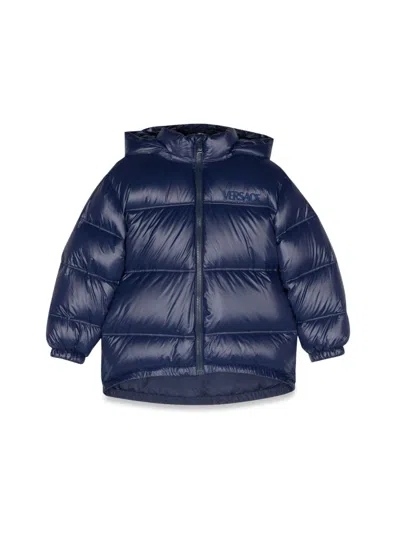 Versace Down Jacket With Logo In Blue