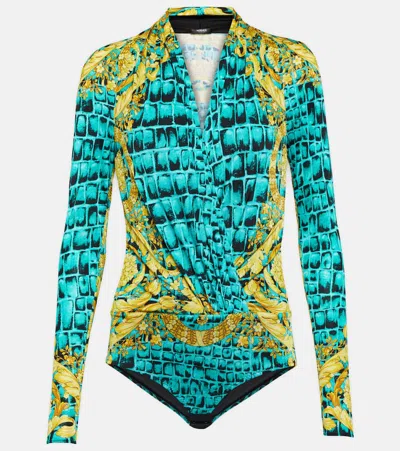 Versace Draped Jersey Bodysuit In Glacier Green+black+gold