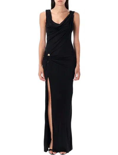 Versace Asymmetric Neck Viscose Long Dress In Black