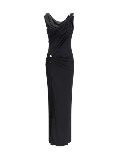 Versace Draped Jersey Long Dress In Black