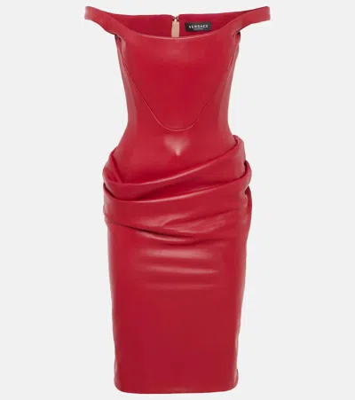 Versace Corset Draped Leather Midi Dress In Red