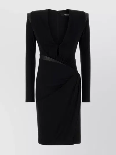 Versace Draped Long Sleeve Dress With Shoulder Pads In Black