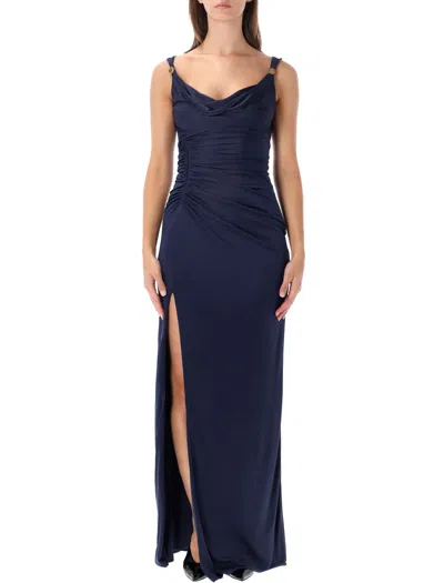 Versace Draped Medusa Detail Viscose Evening Dress In Blue