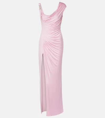 Versace Draped One-shoulder Ruched Gown In Pink