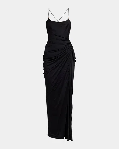 Versace Draped Viscose Liquid Jersey Gown In Black