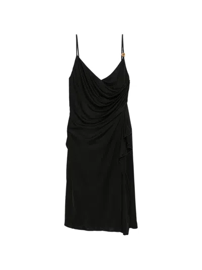 Versace Draped Ruffled Midi Dress In Black