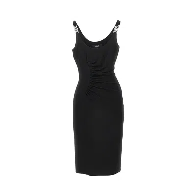 Versace Neutrals Ruched Scoop Neck Viscose Midi Dress In Black