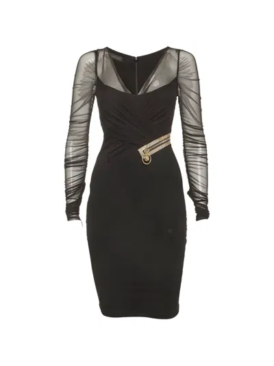 Pre-owned Versace Draped Tulle Midi Dress In Black