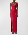 Versace Embellished Crepe And Draped Satin Gown In Lipstick Red