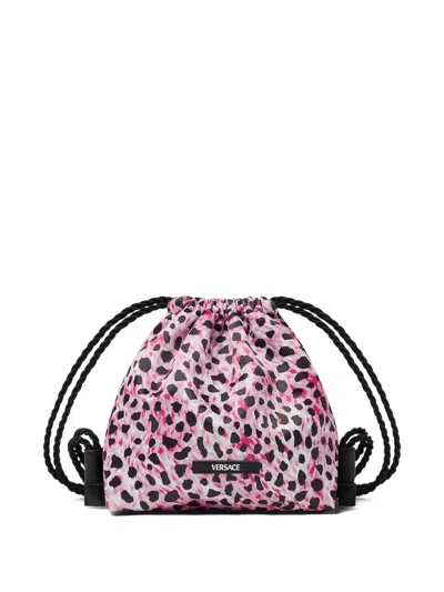Versace Kids' Drawstring Animal-print Backpack In Pink
