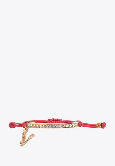 Versace Drawstring Bracelet With Logo Charm In Red