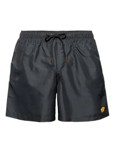 Versace Drawstring Logo-patch Swim Shorts In Black