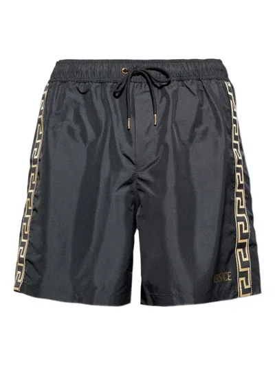 Versace Drawstring Logo-print Swim Shorts In Black