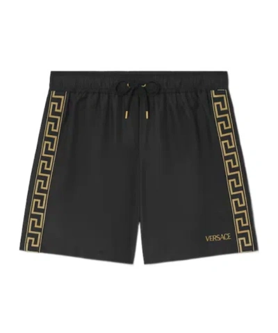 Versace Drawstring Logo-print Swim Shorts In Black