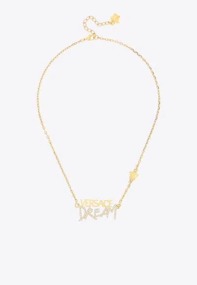 Versace Dream Logo Pendant Embellished Necklace In Gold