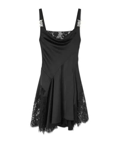 Versace Asymmetric Lace-paneled Embellished Draped Satin Dress In Black