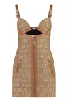 Versace Embellished Leather-trimmed Cutout Canvas-jacquard Mini Dress