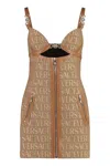Versace Embellished Leather-trimmed Cutout Canvas-jacquard Mini Dress