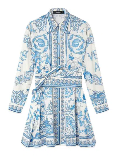 Versace Underwater Barocco Mini Shirt Dress In Blue