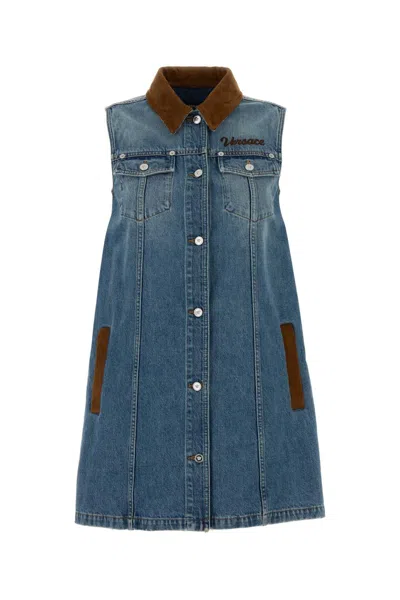 Versace Dress Denim Stone Wash Softened With Leather Inser In Blue